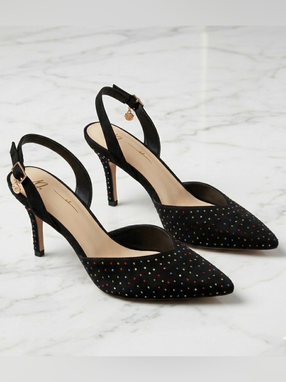 Nanette Lepore Pointed Toe Slingback Heels Crystal Rhinestone Multi Sparkle 9.5